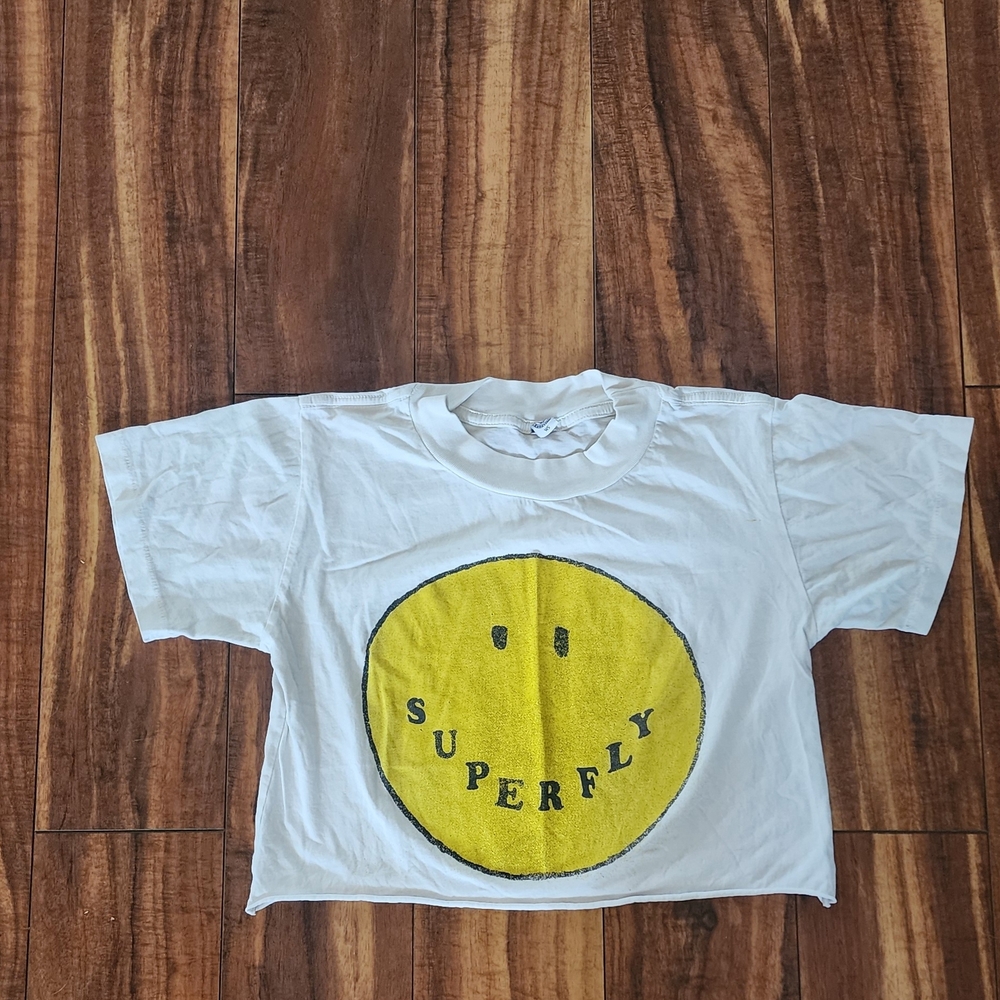 Women’s White Crop Tee with Yellow Smiley Graphic